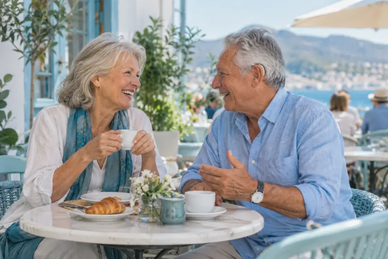 Older couple laughing together at a cafe table