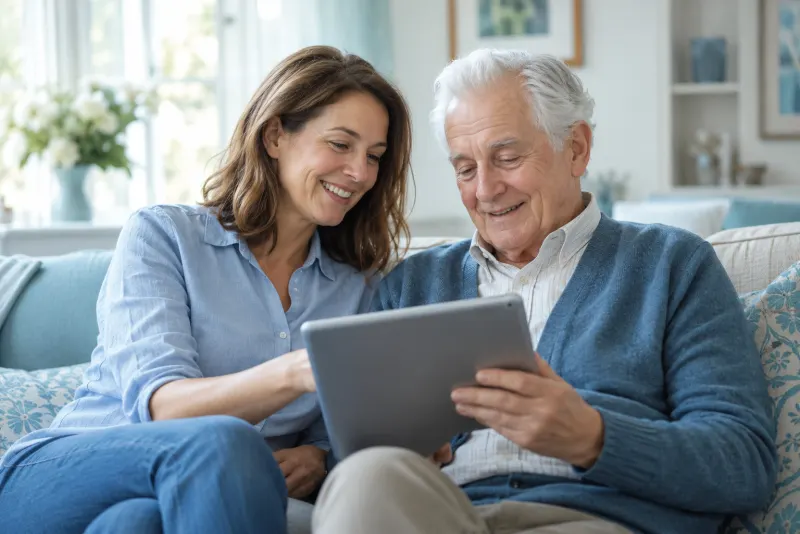 Adult daughter and her father looking at a tablet together on a sofa